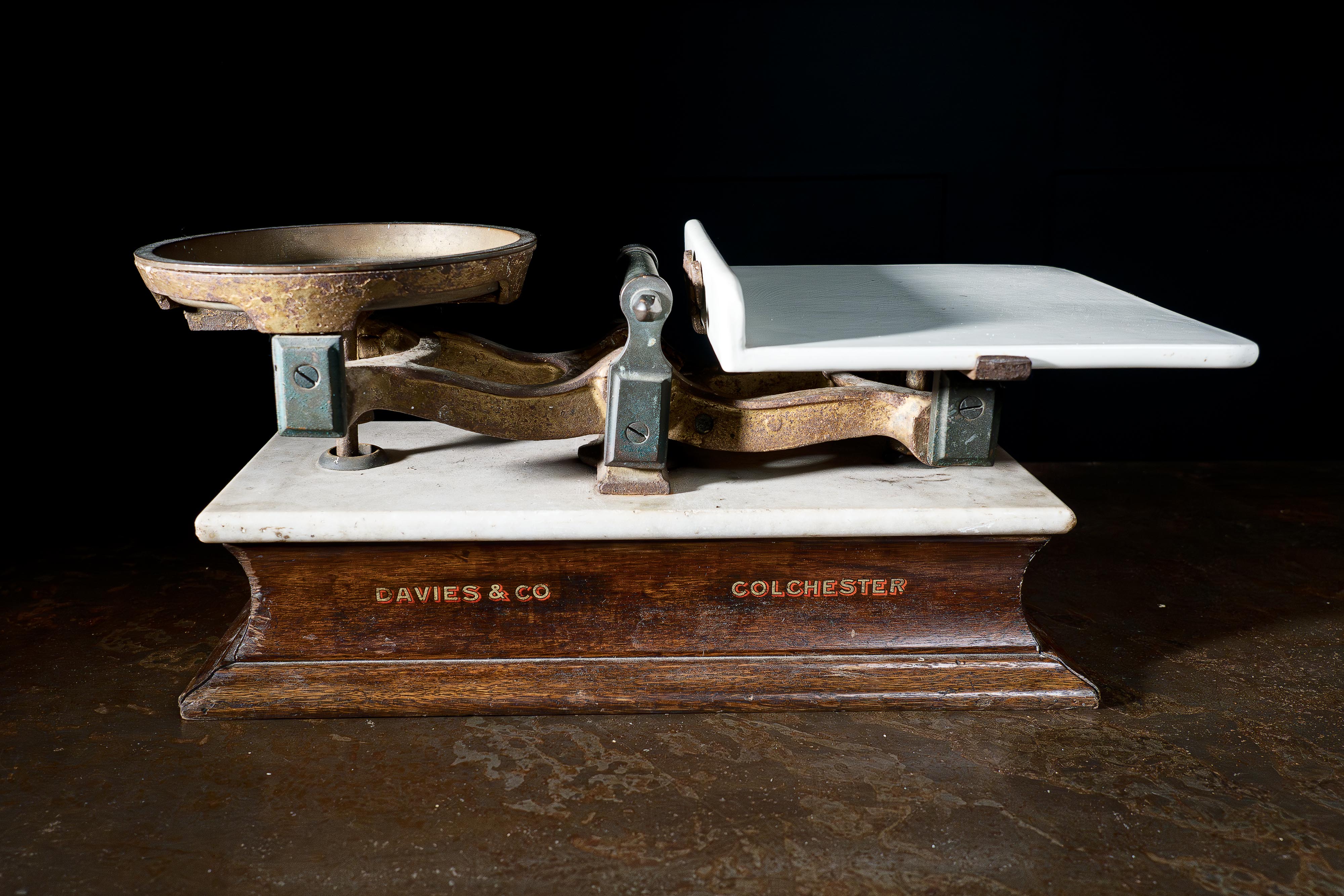 Butchers scales 1949 Davies and Co. of Colchester Vandome & Hart King George VI Cararra marble 'Perry.Ilford' vintage antique kingham alton hampshire UK for sale