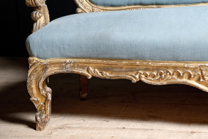 18th Century Baroque styled  Italian salon sofa gilt carved hardwood Aeolus, greek god of wind newly upholstered Kingham Hampshire Alton Vintage Antique For Sale UK