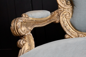 18th Century Baroque styled  Italian salon sofa gilt carved hardwood Aeolus, greek god of wind newly upholstered Kingham Hampshire Alton Vintage Antique For Sale UK