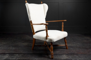 Oak Danish 20th century winged back armchair crossed spreaders turned detailing  contemporary Boucle upholstery