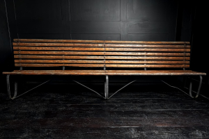 members pavilion Lords ground Surrey cricket ground Guildford Victorian strap work bench 10ft long  scrolled cross braced legs original oak wooden slats Circa 1890