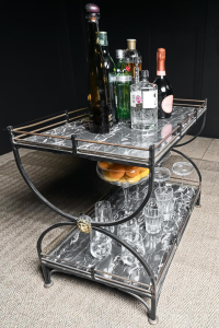 French Roger Thibier 1960's cocktail drinks console table forged metalwork aged brass gallery rails feet faux marble panels bronzed iron mask heads