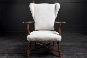 Oak Danish 20th century winged back armchair crossed spreaders turned detailing  contemporary Boucle upholstery