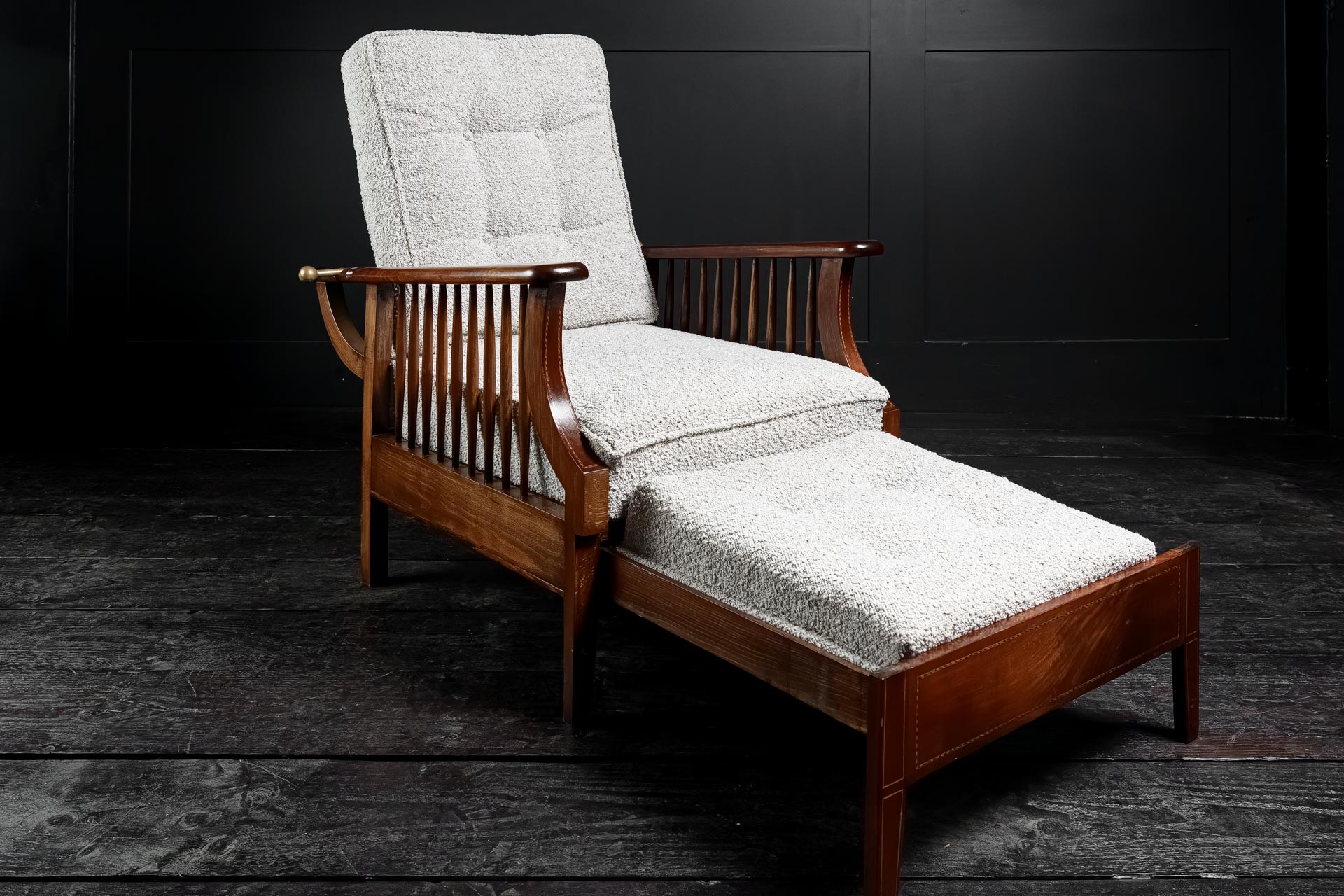 Extending English arts and crafts metamorphic salon smokers chair William Morris Liberty's of London lounger Oak and Mahogany marquetry contemporary Boucle upholstery Early 20th Century. Circa 1920