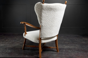 Oak Danish 20th century winged back armchair crossed spreaders turned detailing  contemporary Boucle upholstery