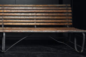 members pavilion Lords ground Surrey cricket ground Guildford Victorian strap work bench 10ft long  scrolled cross braced legs original oak wooden slats Circa 1890