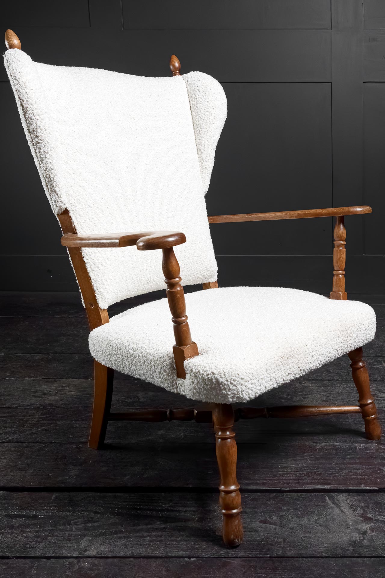 Oak Danish 20th century winged back armchair crossed spreaders turned detailing  contemporary Boucle upholstery