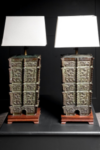 pair Chinese bronze table lamp bases Archaic Shang Dynasty Fenglei Fanglei archaic Chinese bronze age 1650BC Circa 1920