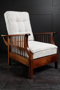 Extending English arts and crafts metamorphic salon smokers chair William Morris Liberty's of London lounger Oak and Mahogany marquetry contemporary Boucle upholstery Early 20th Century. Circa 1920