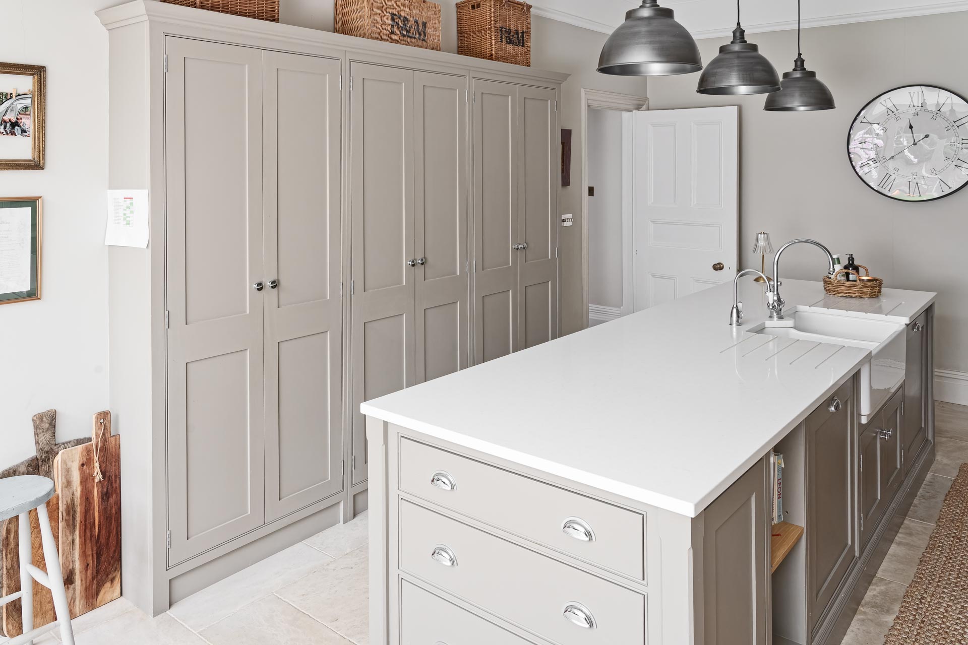 Kingham design truly bespoke kitchen shaker style luxury handmade boot mud utility linen laundry pantry larder fisher paykel miele neff  butler sink perrin rowe Guildford Surrey.