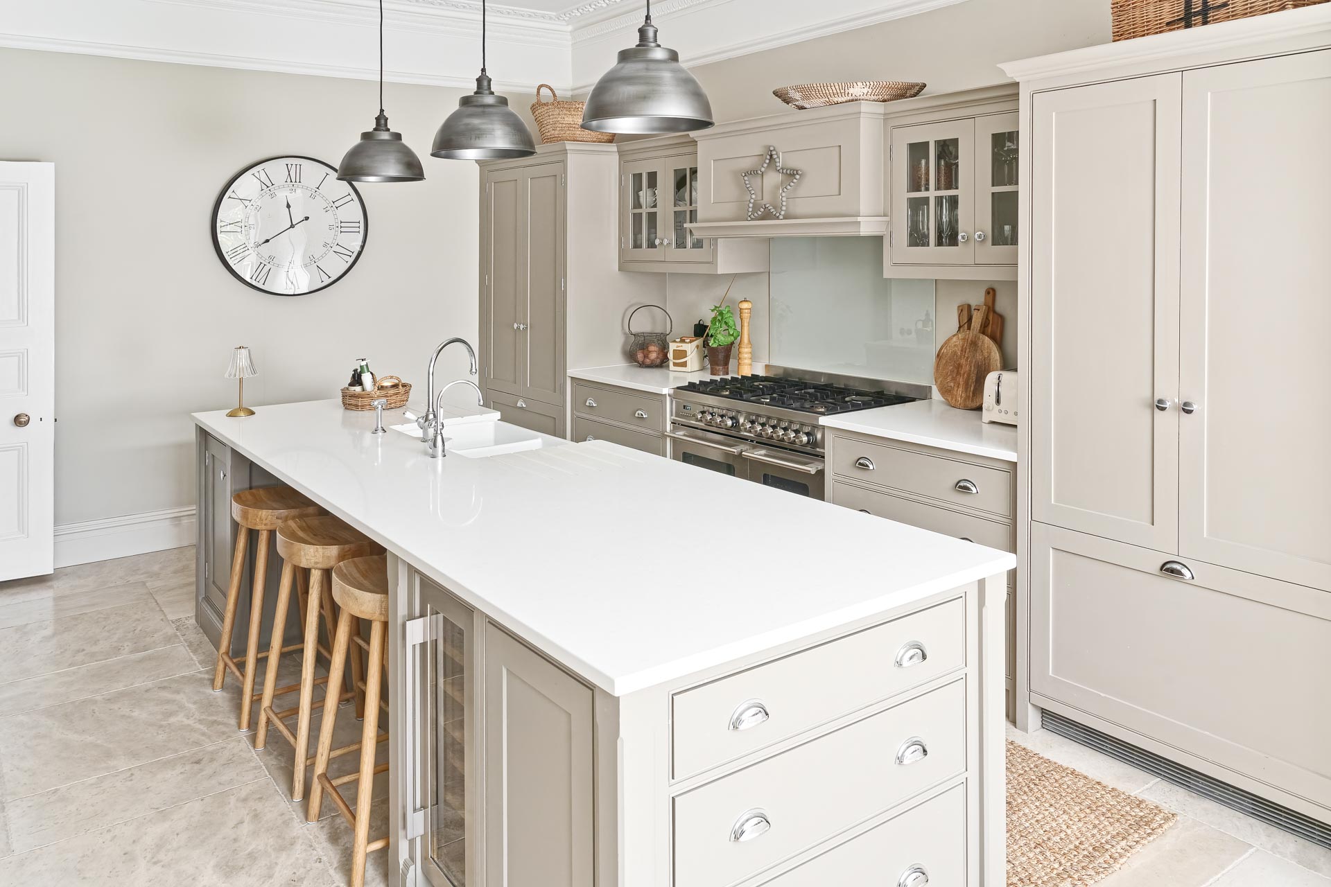 Kingham design truly bespoke kitchen shaker style luxury handmade boot mud utility linen laundry pantry larder fisher paykel miele neff  butler sink perrin rowe Guildford Surrey.