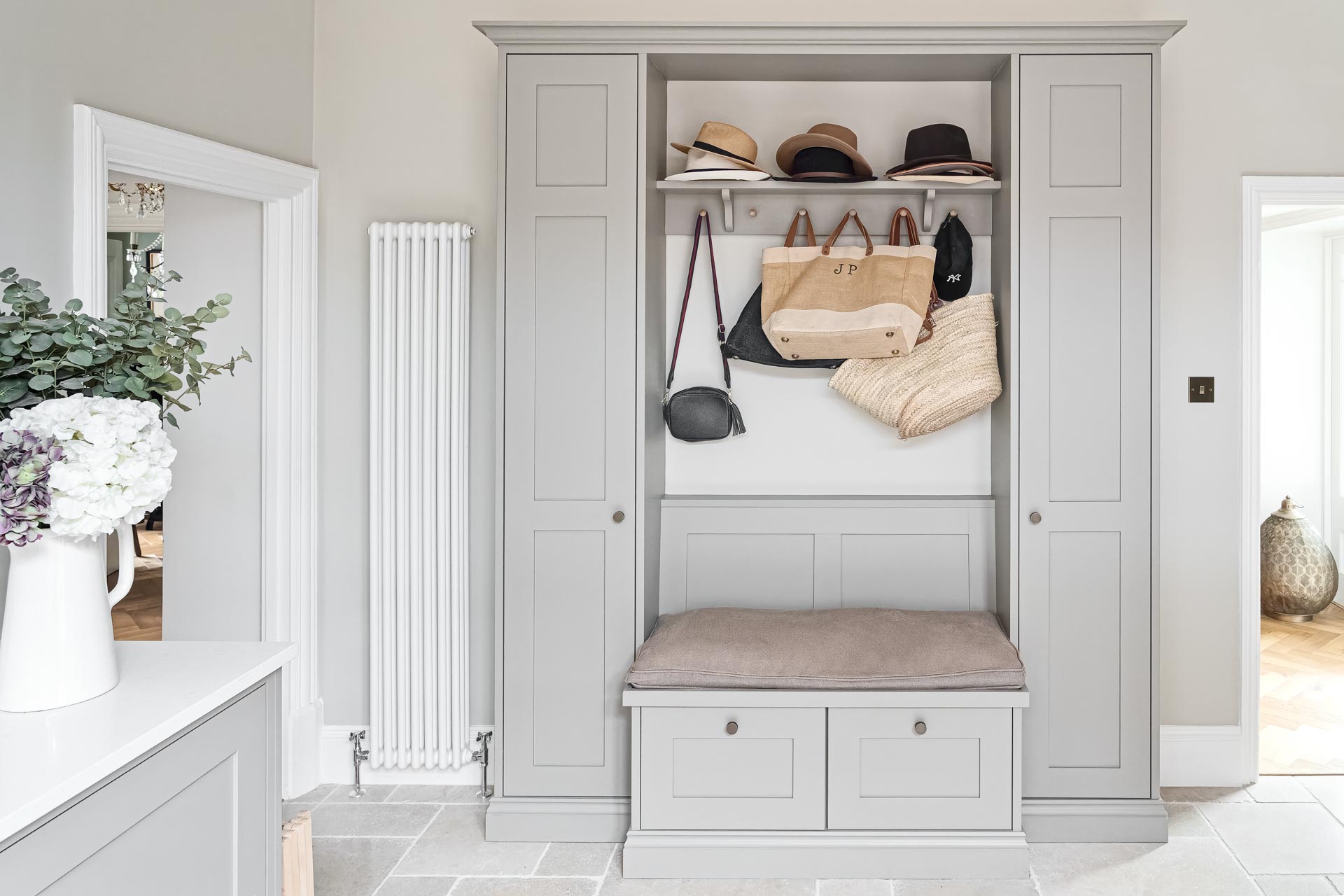 Kingham design truly bespoke kitchen shaker style luxury handmade boot mud utility linen laundry pantry larder fisher paykel miele neff  butler sink perrin rowe Guildford Surrey.