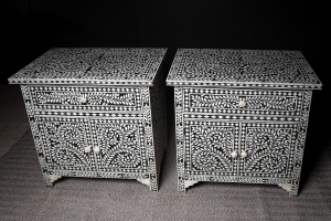 pair bone inlay sideboard consoles Acacia wood Jaipur Rajasthan Circa 1950  antiques vintage alton hampshire guildford surrey black white