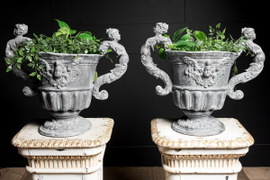 Pair William and Mary Lead urn. 19th century Bulbeck Foundry English Circa 1880