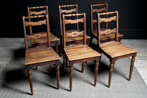 six Swiss alpine oak chairs mountain ski lodge Late 19th century