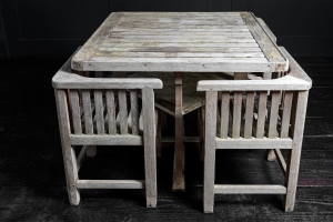 antiques vintage alton hampshire guildford surrey England 1920s Heal's. teak garden table slatted top urn shaped silhouette legs four Heals teak dining chairs Hughes Bolcklow Northumberland.