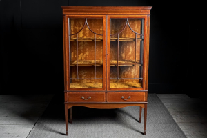 Edwardian display cabinet mahogany  marquetry  Glazed bow panelling Lined in burnt umber origianl velvet Two drawers quarter height English Circa 1908