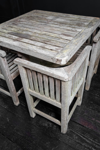 antiques vintage alton hampshire guildford surrey England 1920s Heal's. teak garden table slatted top urn shaped silhouette legs four Heals teak dining chairs Hughes Bolcklow Northumberland.