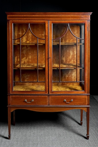 Edwardian display cabinet mahogany  marquetry  Glazed bow panelling Lined in burnt umber origianl velvet Two drawers quarter height English Circa 1908