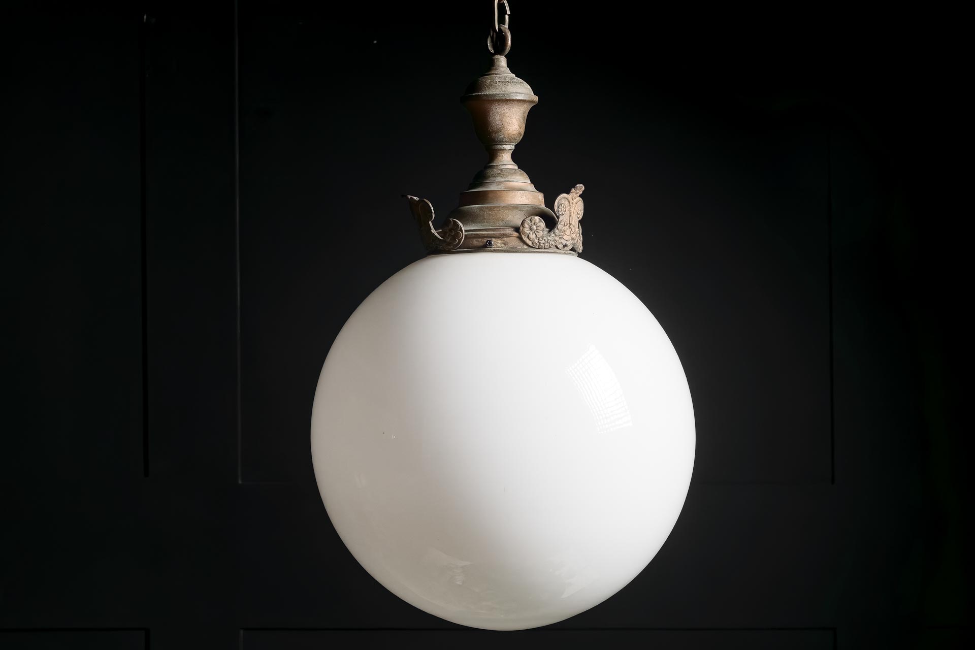 English spherical globe pendant light copper gallery opaline milk glass crowned crested Victorian circa 1890  antiques vintage alton hampshire guildford surrey