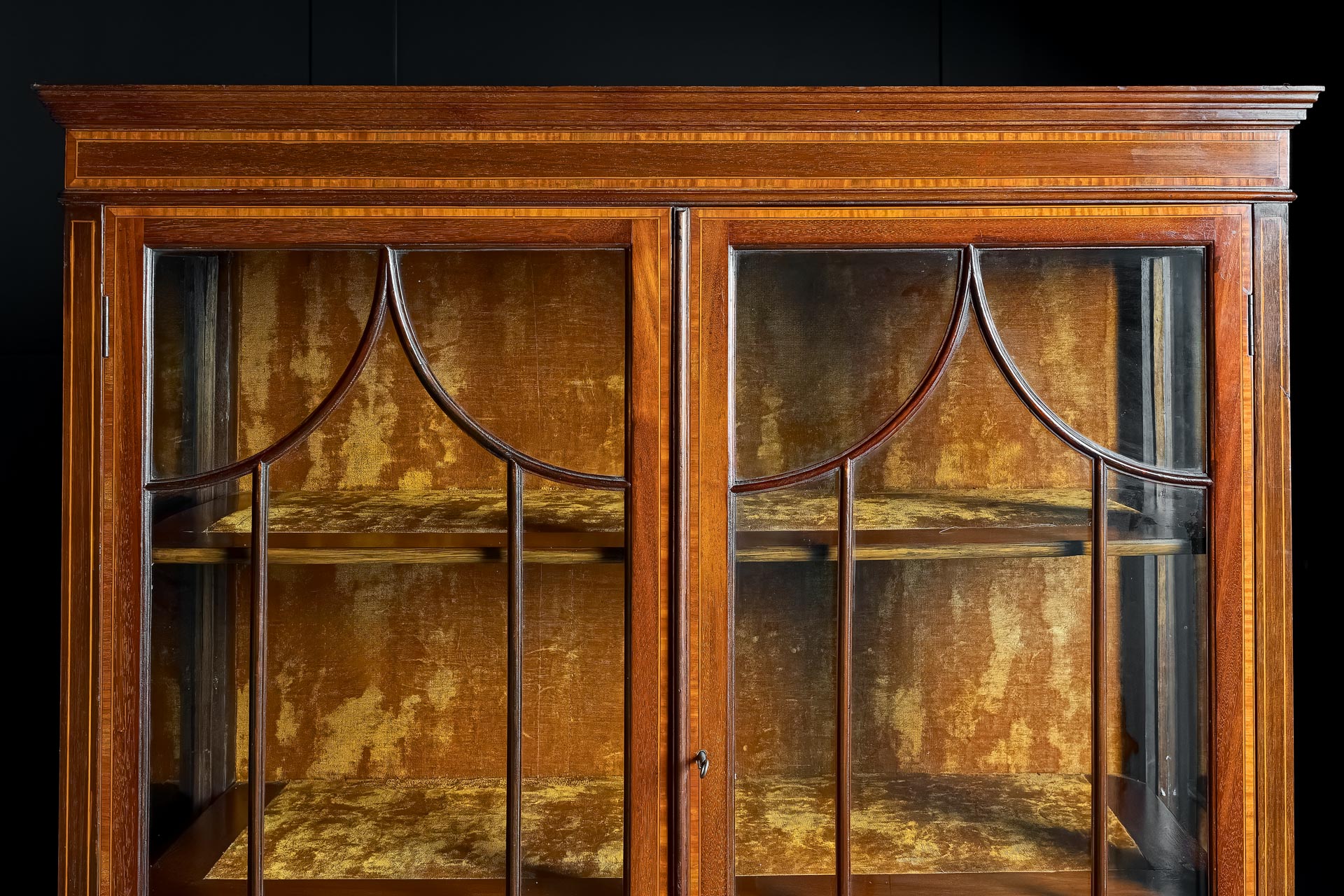 Edwardian display cabinet mahogany  marquetry  Glazed bow panelling Lined in burnt umber origianl velvet Two drawers quarter height English Circa 1908