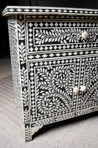 pair bone inlay sideboard consoles Acacia wood Jaipur Rajasthan Circa 1950  antiques vintage alton hampshire guildford surrey black white