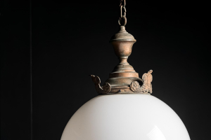 English spherical globe pendant light copper gallery opaline milk glass crowned crested Victorian circa 1890  antiques vintage alton hampshire guildford surrey