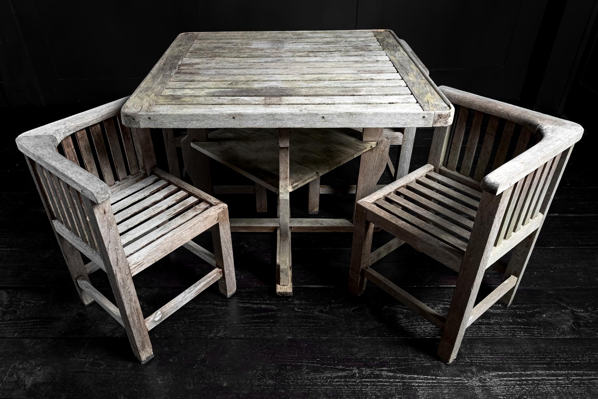 antiques vintage alton hampshire guildford surrey England 1920s Heal's. teak garden table slatted top urn shaped silhouette legs four Heals teak dining chairs Hughes Bolcklow Northumberland.