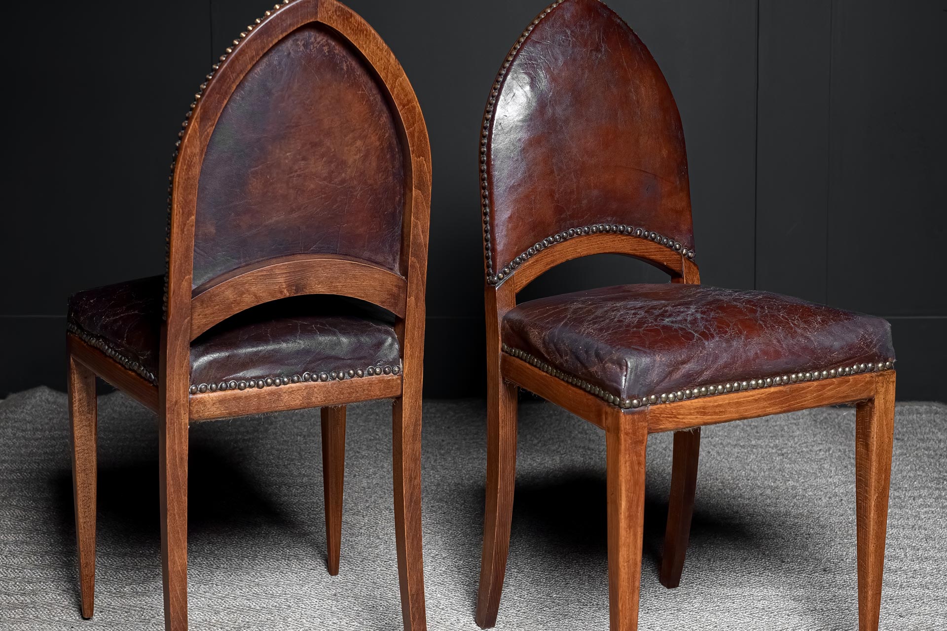 19th-century mahogany hall chairs mitre-back chairs on tapered front legs sabre back legs studded brass edge detail. Circa 1828 antiques vintage alton hampshire guildford surrey