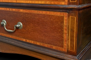 Edwardian display cabinet mahogany  marquetry  Glazed bow panelling Lined in burnt umber origianl velvet Two drawers quarter height English Circa 1908