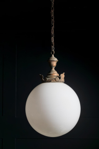 English spherical globe pendant light copper gallery opaline milk glass crowned crested Victorian circa 1890  antiques vintage alton hampshire guildford surrey