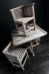 antiques vintage alton hampshire guildford surrey England 1920s Heal's. teak garden table slatted top urn shaped silhouette legs four Heals teak dining chairs Hughes Bolcklow Northumberland.