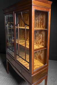 Edwardian display cabinet mahogany  marquetry  Glazed bow panelling Lined in burnt umber origianl velvet Two drawers quarter height English Circa 1908