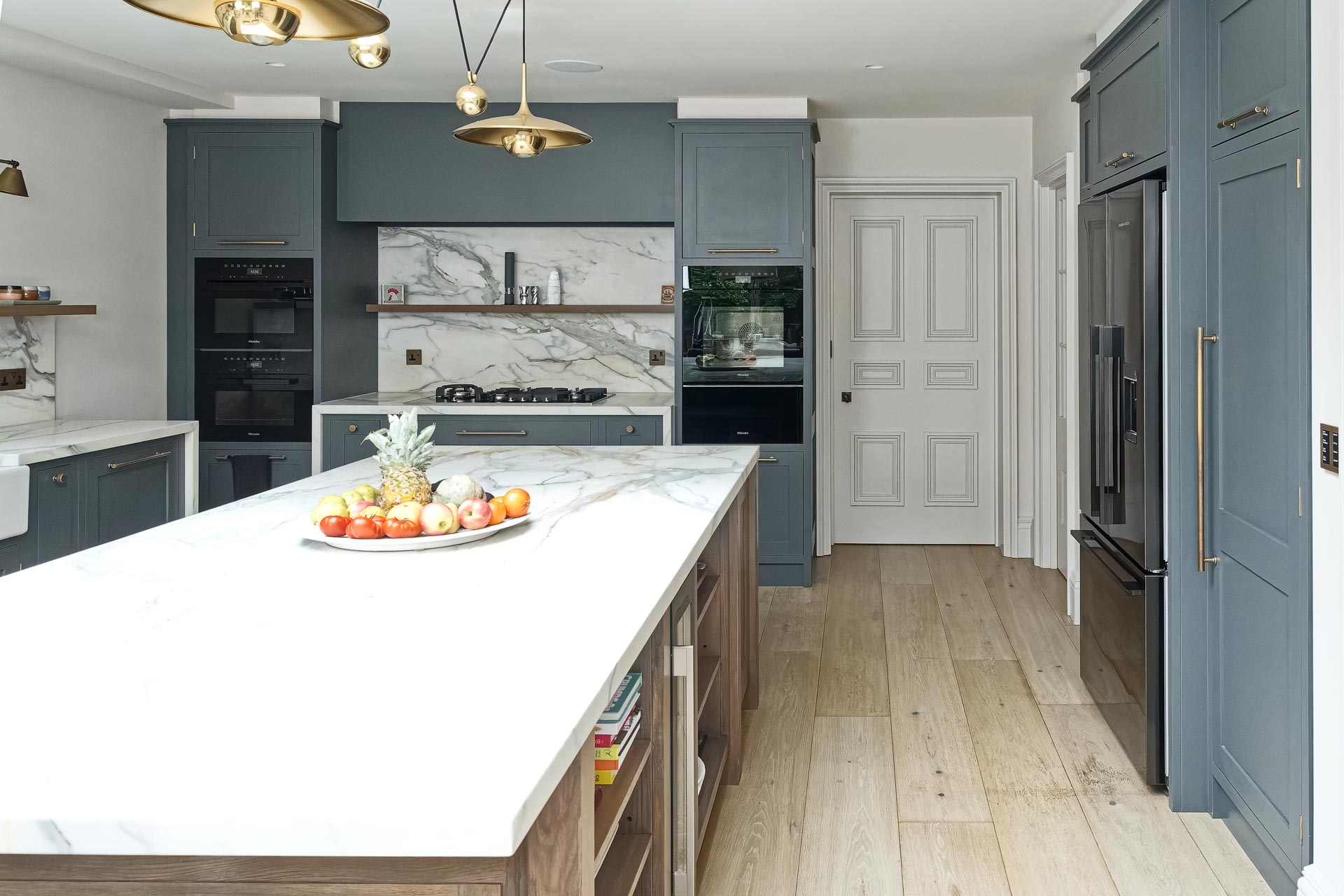 Traditional bespoke kitchen pantry North London alton hampshire guildford surrey shaker style luxury hand painted hand made miele fisher paykel armac martin farrow and ball quooker Calacatta Borgini marble