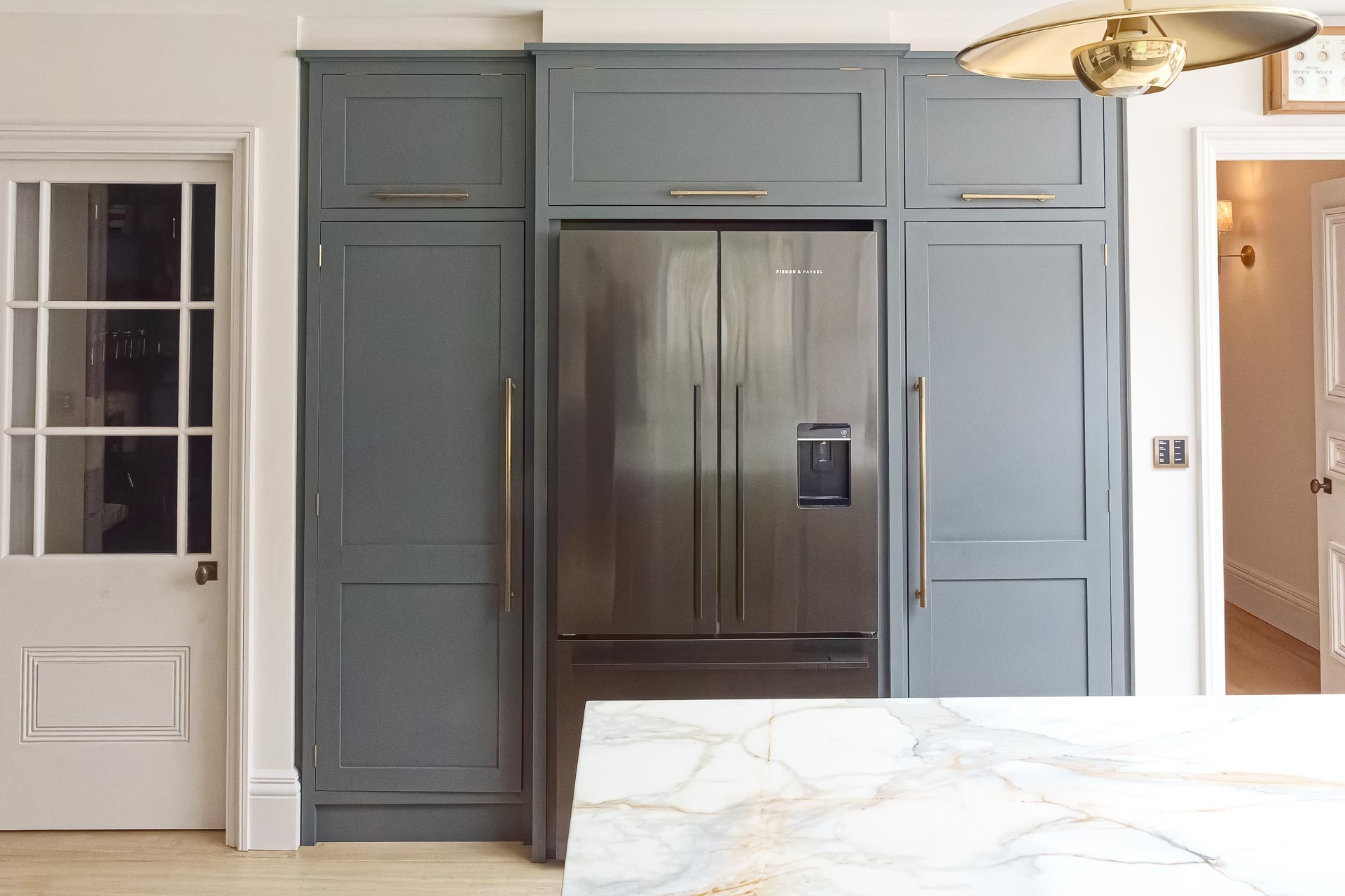 Traditional bespoke kitchen pantry North London alton hampshire guildford surrey shaker style luxury hand painted hand made miele fisher paykel armac martin farrow and ball quooker Calacatta Borgini marble