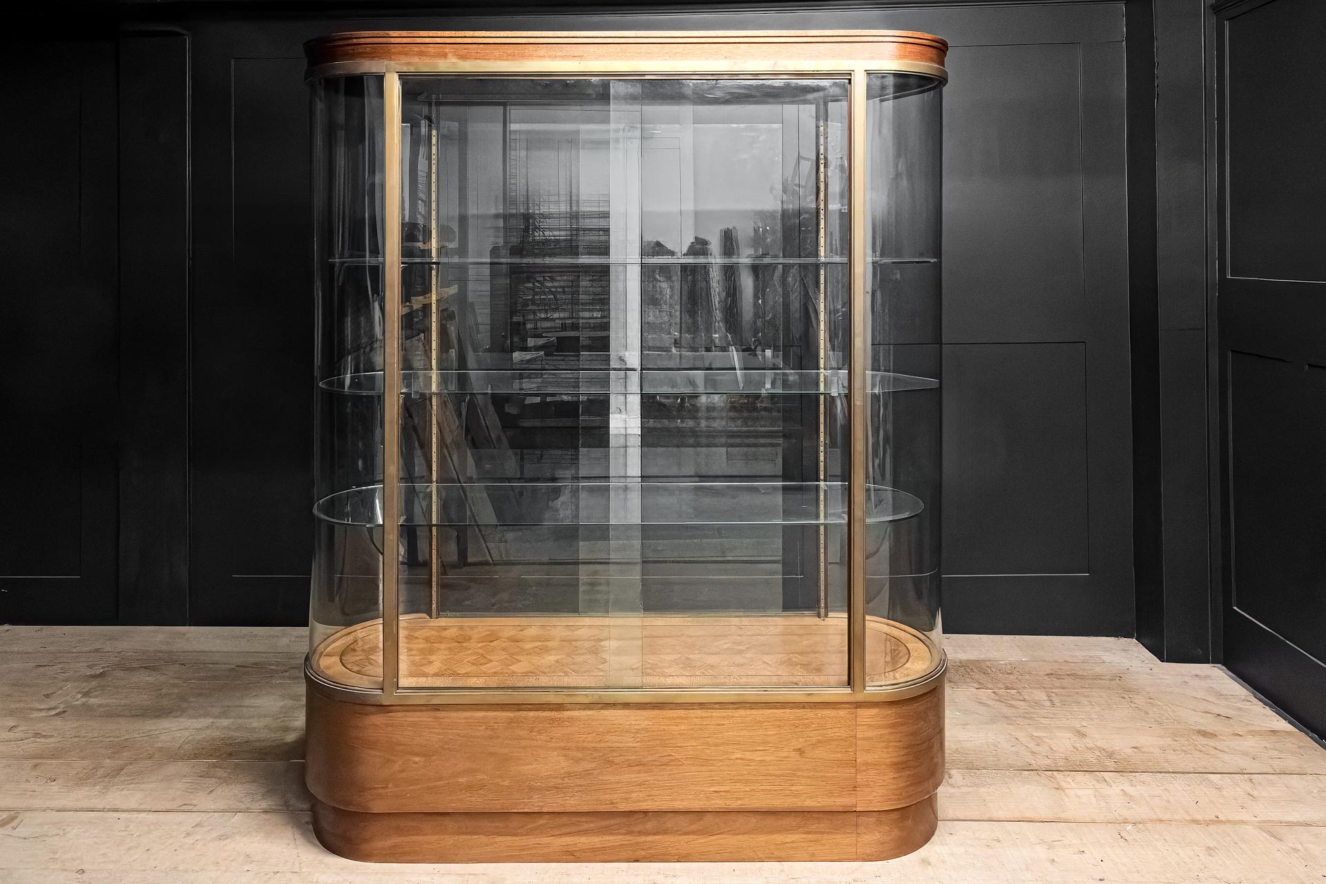 shop bar counter  restaurant retail coffee showcase 1920's antique vintage pill shaped bow ended display cabinet 360 degree glazing sliding doors a jewellers Bronzed brass oak marquetry pin striped